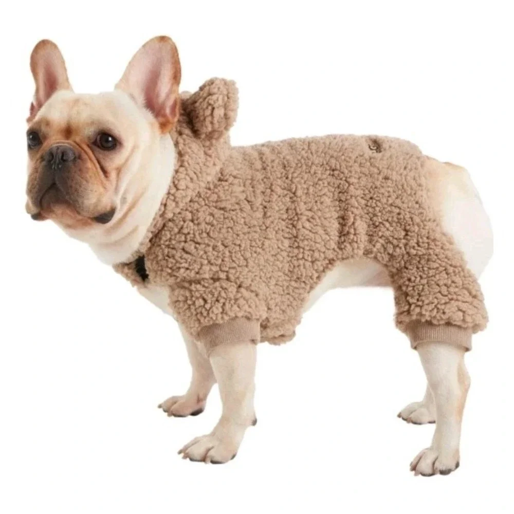 UGG Dog Hoodie Jumpsuit Small Tan Sherpa Bear Ears Fleece Pet Coat Overall